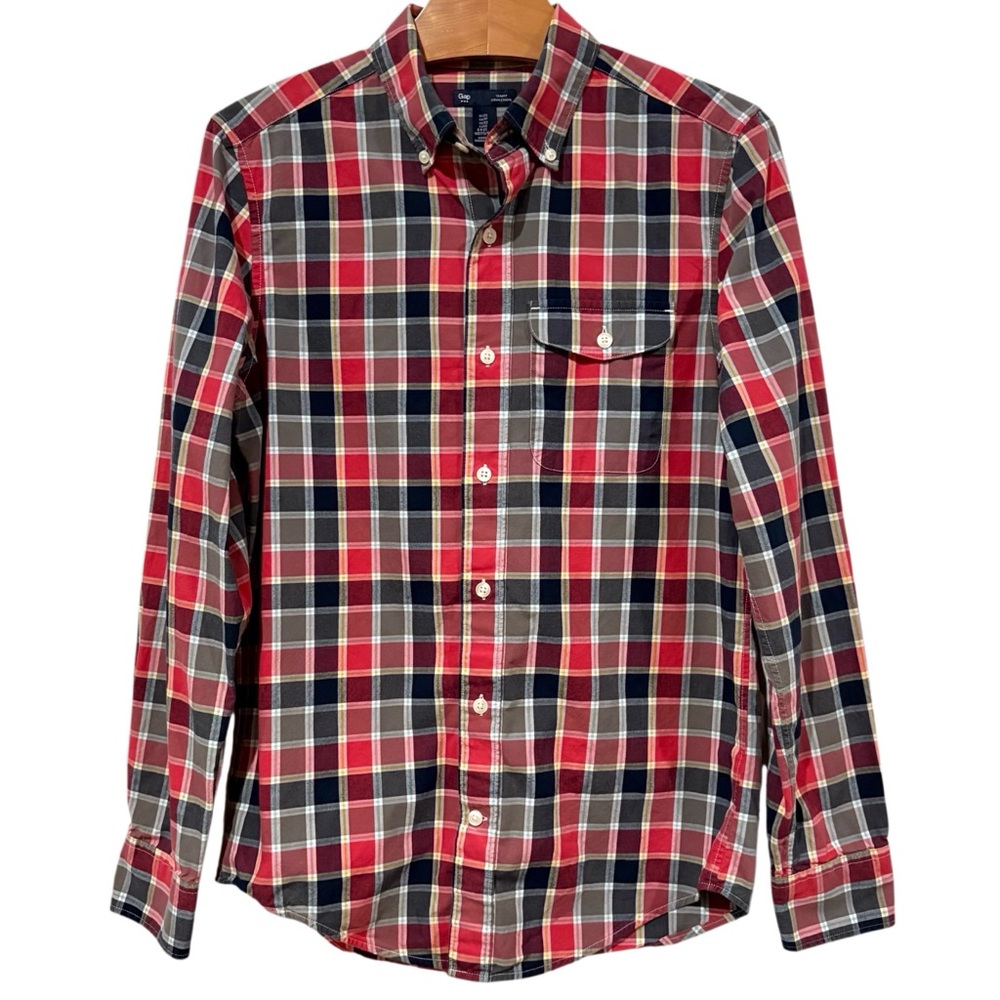 Gap Factory Slim Fit Button Down Shirt Plaid Red Gray Mens XS